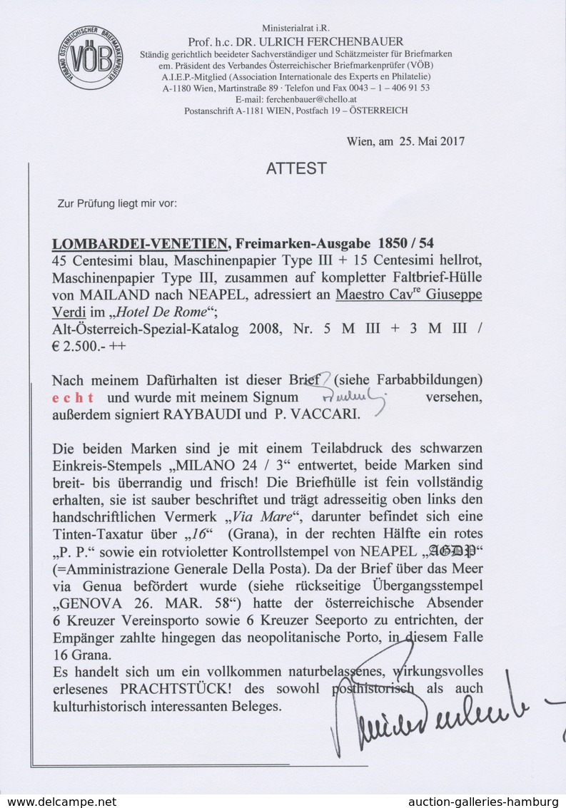 Österreich - Lombardei Und Venetien: 1850/54: BUNTFRANKATUR, Bestehend Aus Einer 45 Centesimi Blau, - Lombardije-Venetië