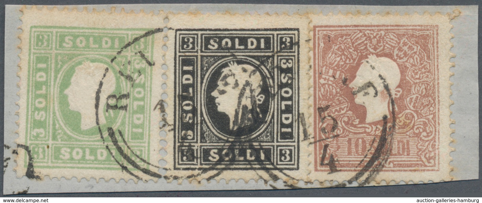 Österreich - Lombardei Und Venetien: 1858/1859, 3 So Schwarz Zusammen Mit 3 So Grün Und 10 So Lilabr - Lombardo-Venetien