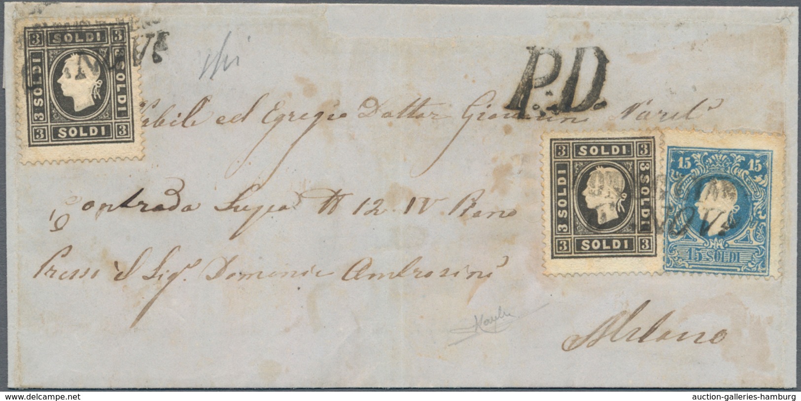 Österreich - Lombardei Und Venetien: 1858, 2 X 3 Soldi Schwarz Und 15 Soldi Blau, Jeweils In Type II - Lombardo-Vénétie