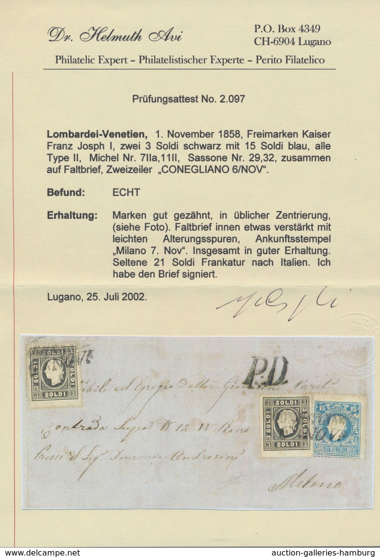 Österreich - Lombardei Und Venetien: 1858, 2 X 3 Soldi Schwarz Und 15 Soldi Blau, Jeweils In Type II - Lombardo-Vénétie