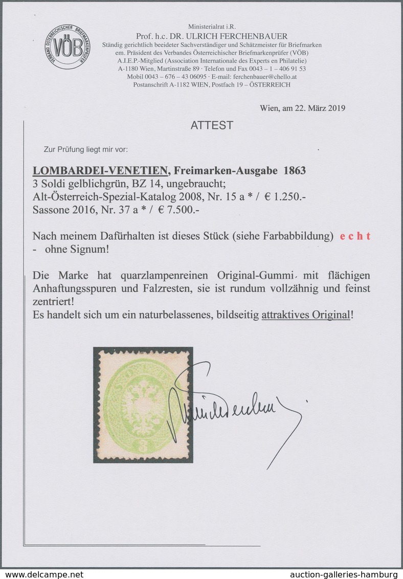 Österreich - Lombardei Und Venetien: 1863, 3 Soldi Grün, Farbfrisches Und Gut Gezähntes Exemplar, Un - Lombardo-Vénétie