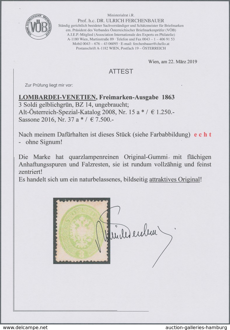 Österreich - Lombardei Und Venetien: 1863, 3 Soldi Grün, Farbfrisches Und Gut Gezähntes Exemplar, Un - Lombardo-Venetien