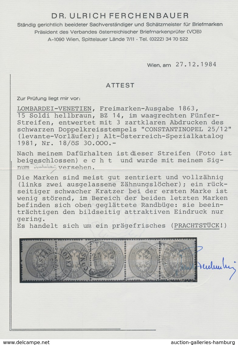 Österreich - Lombardei Und Venetien: 1863, 15 Soldi Braun Im Waager. 5er-Streifen Entwertet Mit 3 Za - Lombardo-Vénétie