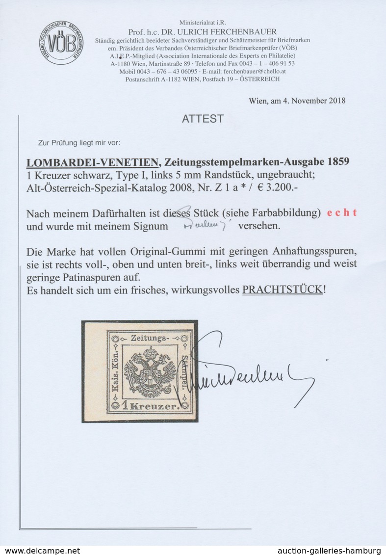Österreich - Lombardei Und Venetien - Zeitungsstempelmarken: 1859, 1 Kreuzer Schwarz, Type I, Linkes - Lombardo-Vénétie