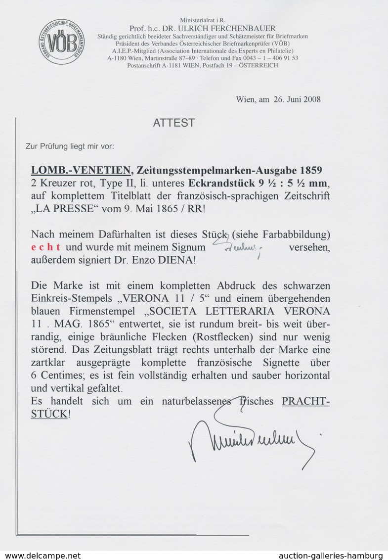 Österreich - Lombardei Und Venetien - Zeitungsstempelmarken: 1859, 2 Kreuzer Rot, Type II, Linkes Un - Lombardo-Vénétie