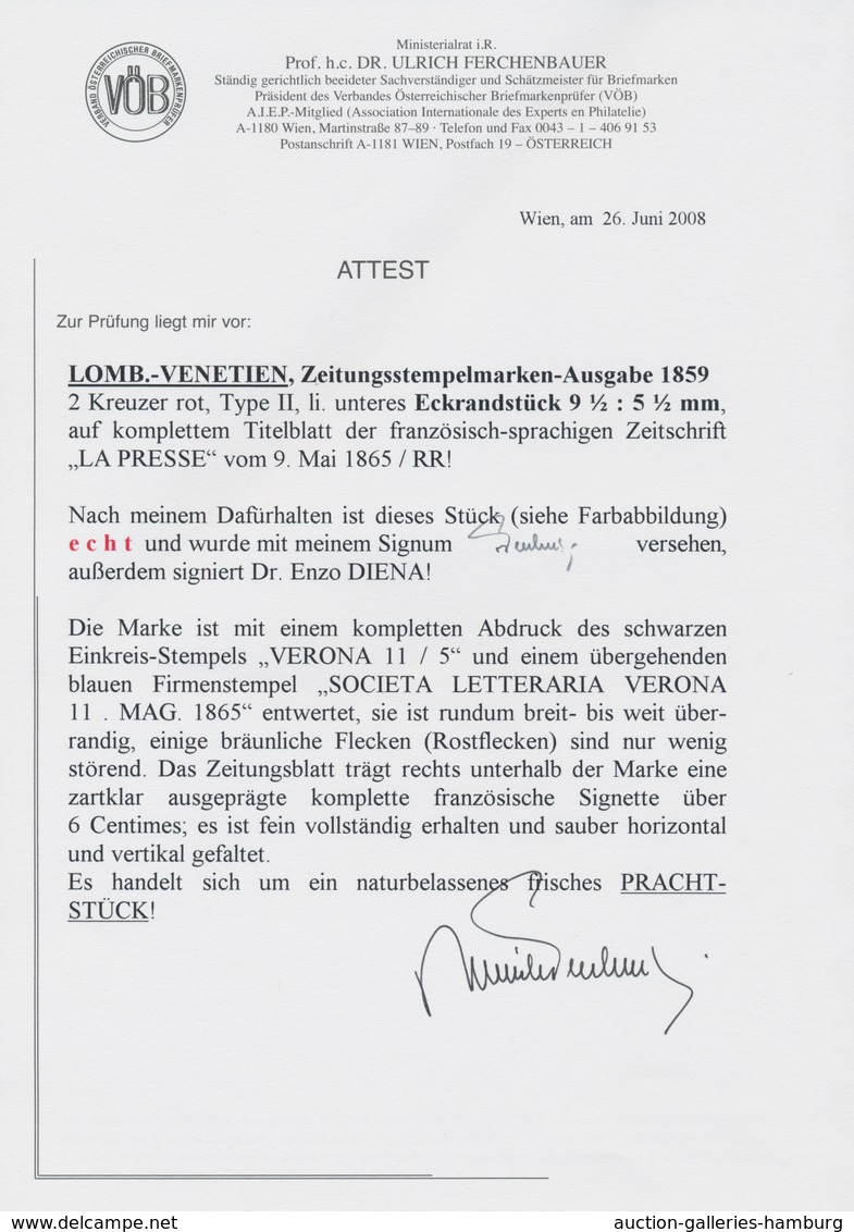 Österreich - Lombardei Und Venetien - Zeitungsstempelmarken: 1859, 2 Kreuzer Rot, Type II, Linkes Un - Lombardije-Venetië