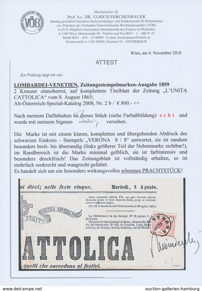 Österreich - Lombardei Und Venetien - Zeitungsstempelmarken: 1859, 2 Kreuzer Zinnoberrot, Allseits B - Lombardije-Venetië