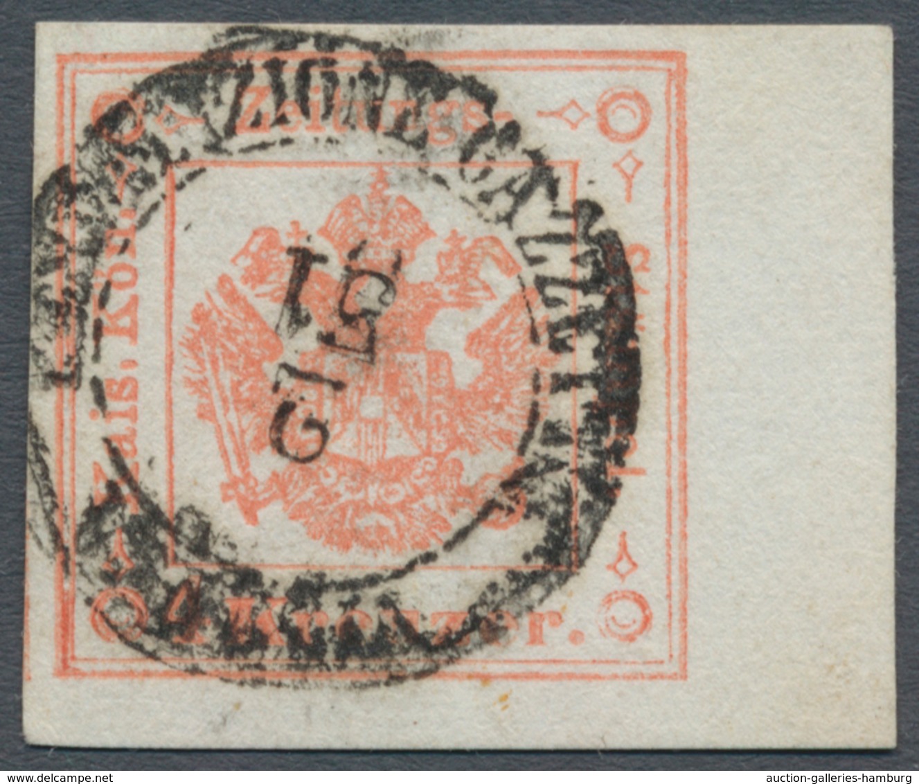 Österreich - Lombardei Und Venetien - Zeitungsstempelmarken: 1858, 4 Kreuzer Rot, Type I, Rechtes Ra - Lombardo-Vénétie