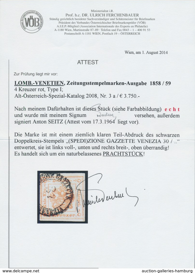 Österreich - Lombardei Und Venetien - Zeitungsstempelmarken: 1858, 4 Kr Rot, Farbfrisches, Voll- Bis - Lombardo-Vénétie