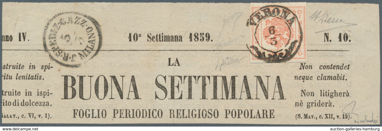 Österreich - Lombardei Und Venetien - Zeitungsstempelmarken: 1858, 4 Kreuzer Rot, Type I, Allseits B - Lombardo-Vénétie
