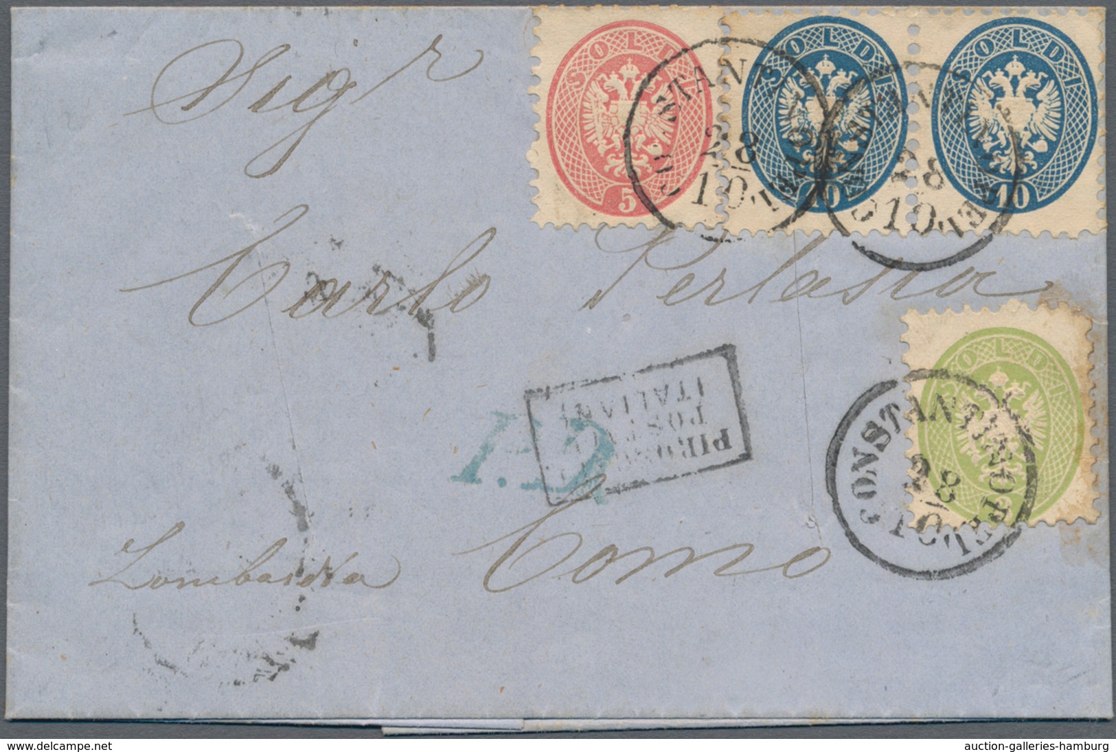 Österreichische Post In Der Levante: 1864, 3 So Grün, 5 So Rosa Und 2 X 10 So Blau Als 3-Farben-Vorl - Oriente Austriaco