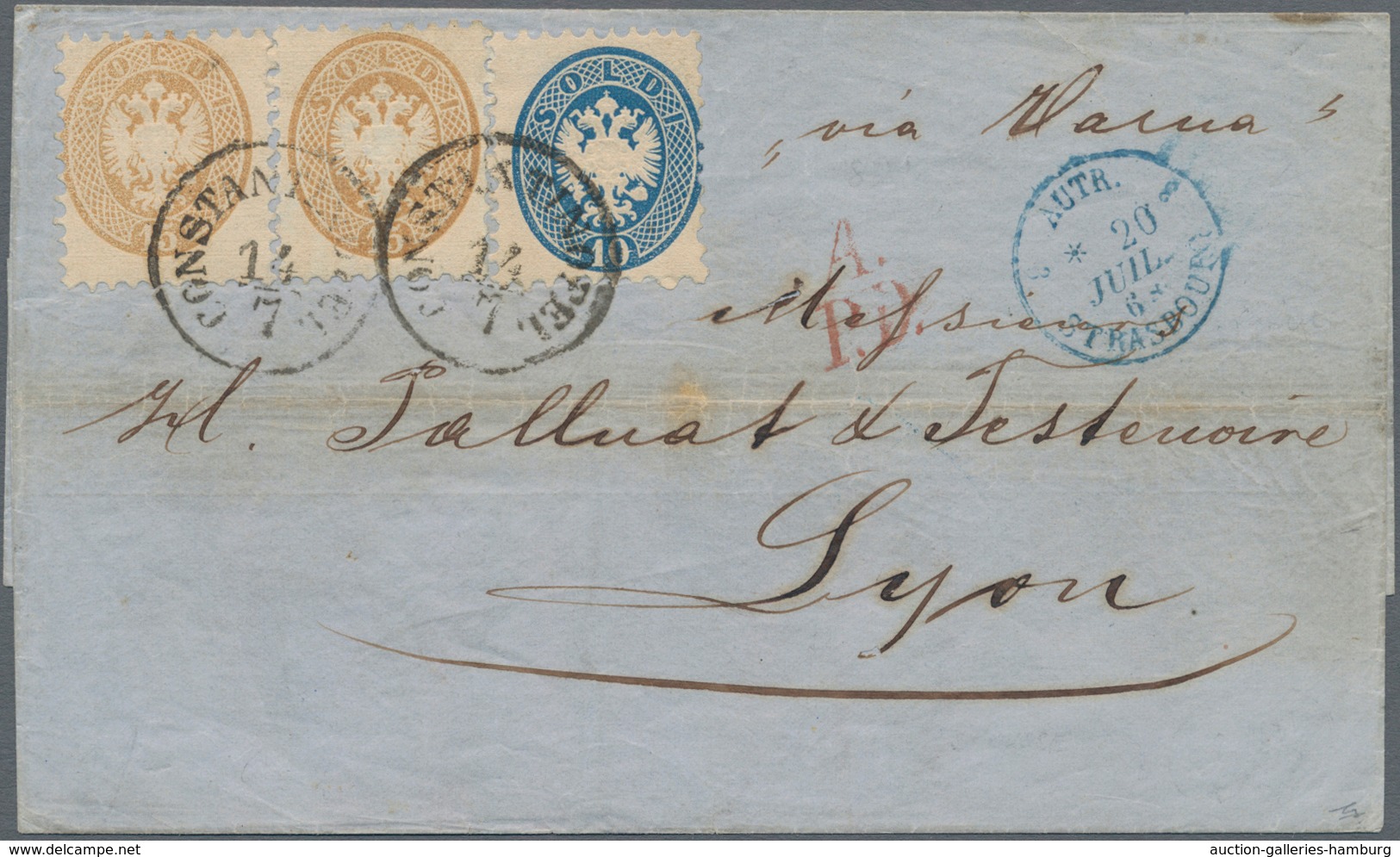Österreichische Post In Der Levante: 1864, 10 So Blau Und 2 X 15 So Braun, Als Vorläufer-Mischfranka - Levante-Marken