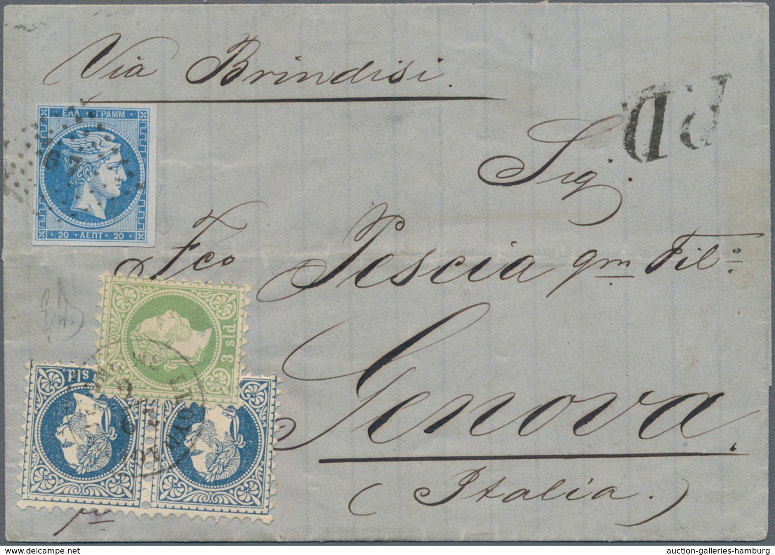 Österreichische Post In Der Levante: 1872, 3 So Grün Und 2 X 10 So Blau, Grober Druck, Entwertet Mit - Levante-Marken