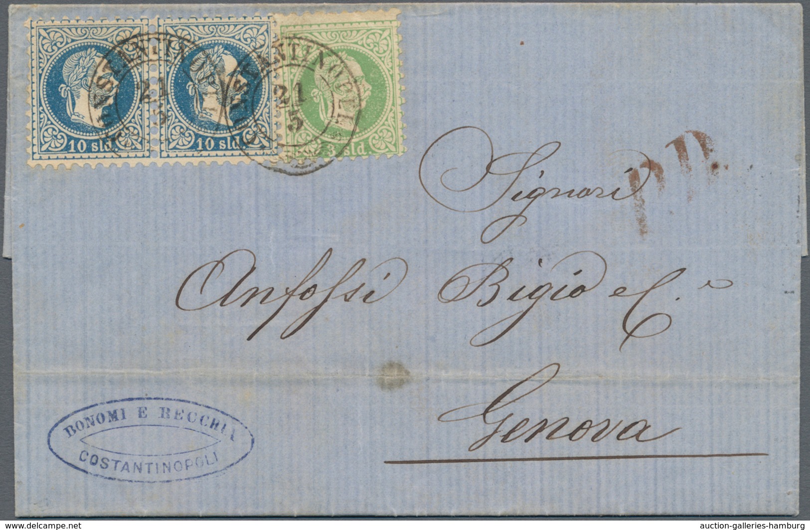 Österreichische Post In Der Levante: 1870/1872, 3 So Grün Und 2 X 10 So Blau, Zwei Faltbriefe Mit Id - Levant Autrichien