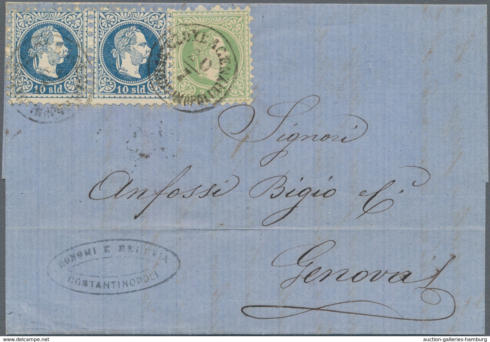 Österreichische Post In Der Levante: 1870/1872, 3 So Grün Und 2 X 10 So Blau, Zwei Faltbriefe Mit Id - Oriente Austriaco
