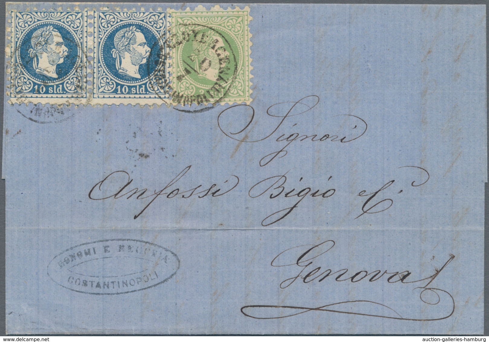 Österreichische Post In Der Levante: 1870/1872, 3 So Grün Und 2 X 10 So Blau, Zwei Faltbriefe Mit Id - Levante-Marken