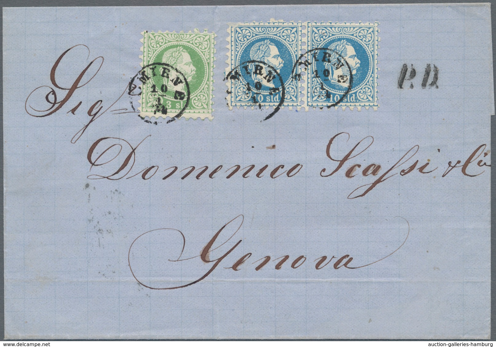 Österreichische Post In Der Levante: 1874, 3 So Grün Und 2 X 10 So Blau, Jede Marke Entwertet Mit Fi - Oriente Austriaco