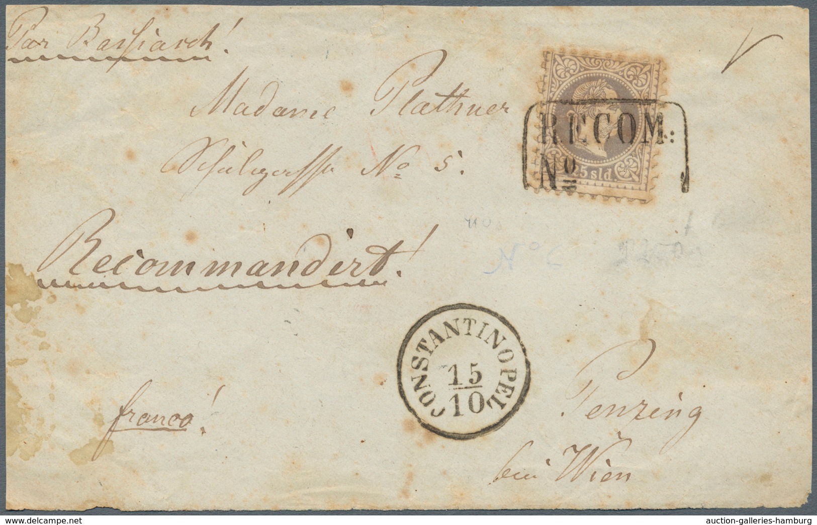 Österreichische Post In Der Levante: 1867, R-Briefvorderseite Mit 25 Soldi Franz Josef, Grober Druck - Levante-Marken