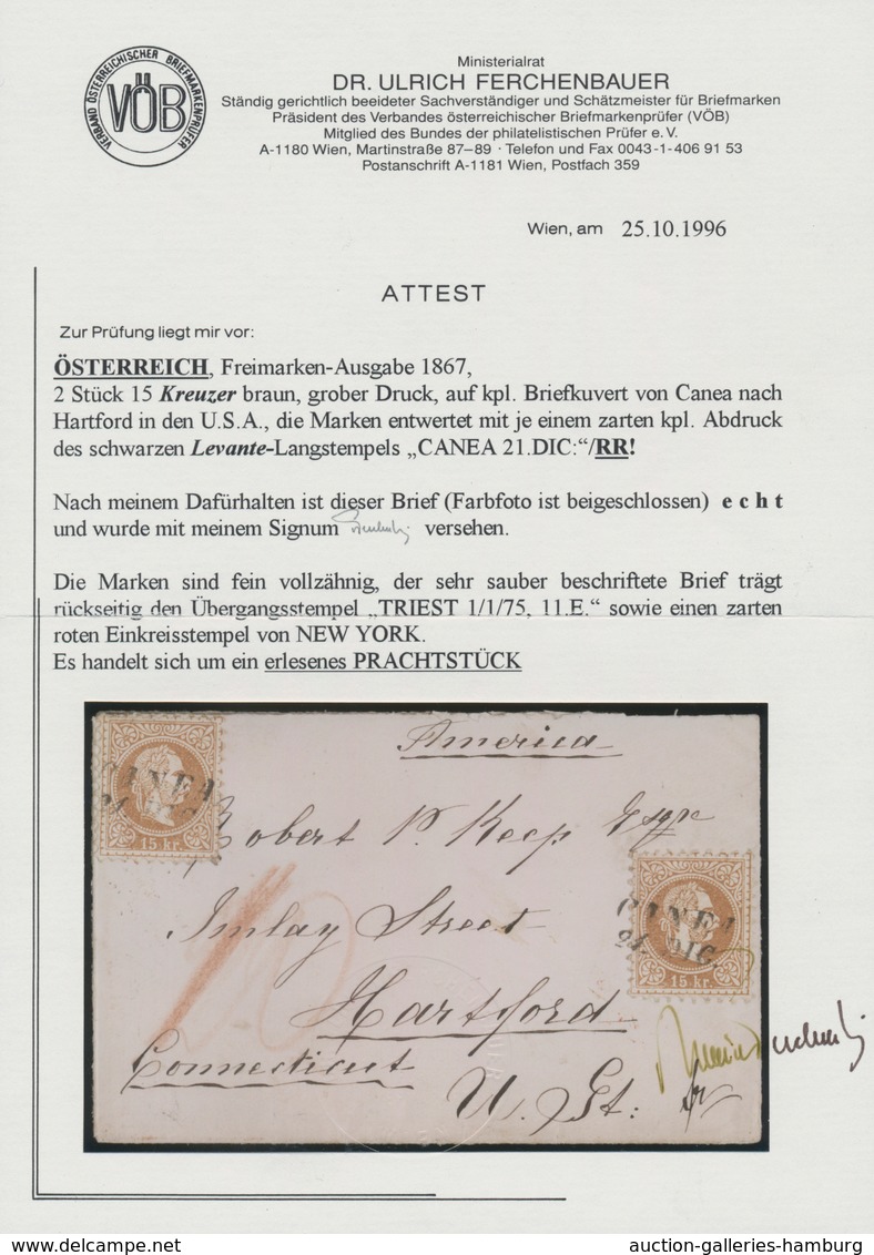Österreichische Post In Der Levante: 1875, Österreich 15 Kr. Gelbbraun, Grober Druck, Zwei Werte Auf - Oriente Austriaco