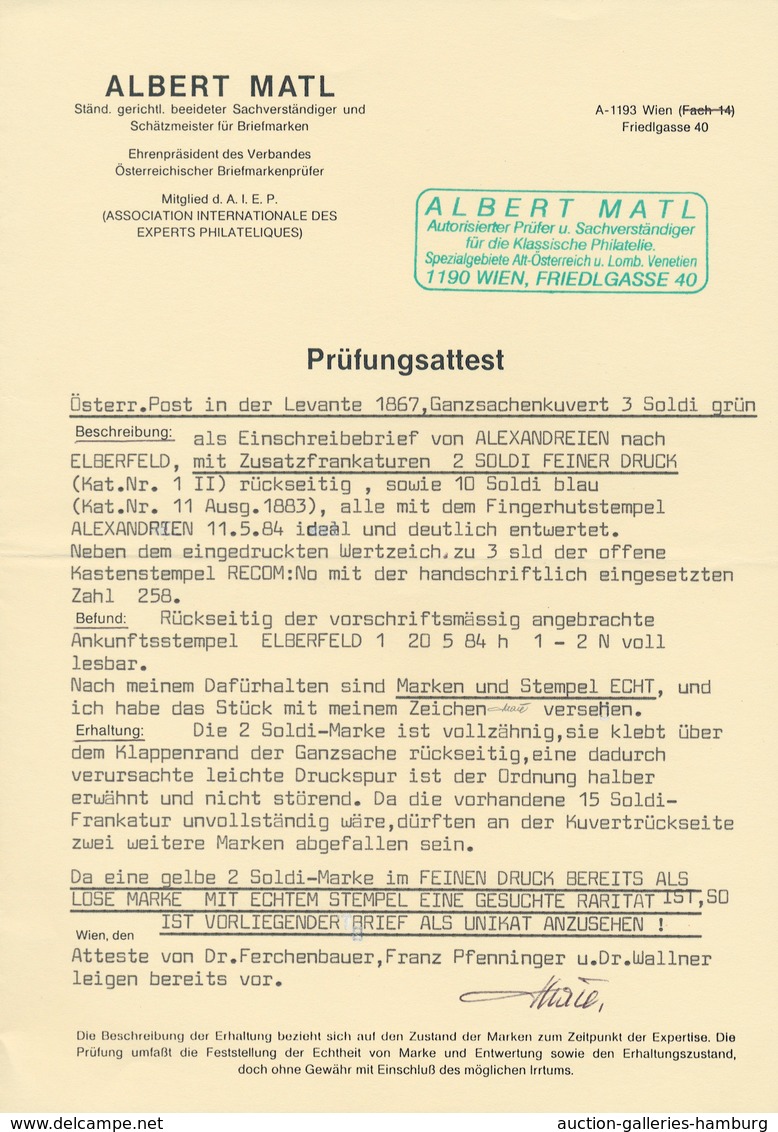 Österreichische Post In Der Levante: 1867/1883, 3 Soldi Grün Franz-Josef Ganzsachenumschlag, Rücksei - Levant Autrichien