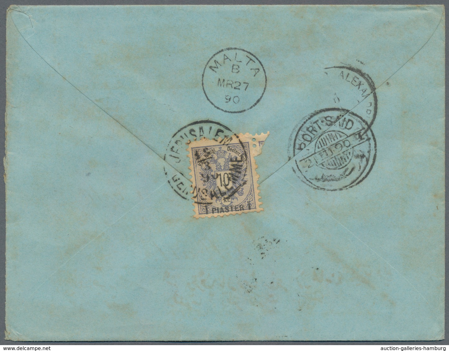 Österreichische Post In Der Levante: 1890, 1 Pia. Auf 10 Kr. Ultramarin Als EF Auf Brief Von Jerusal - Oriente Austriaco