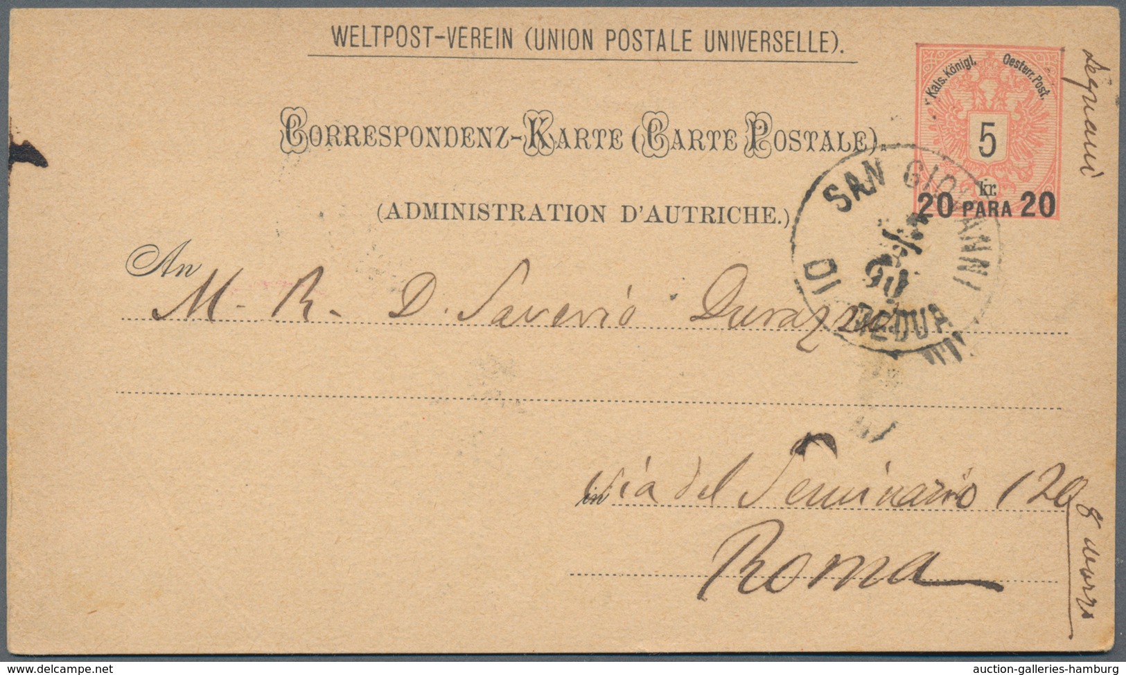 Österreichische Post In Der Levante: 1890, 20 Pa Auf 5 Kr Rot Ganzsachenkarte Von K1 SAN GIOVANNI DI - Levant Autrichien