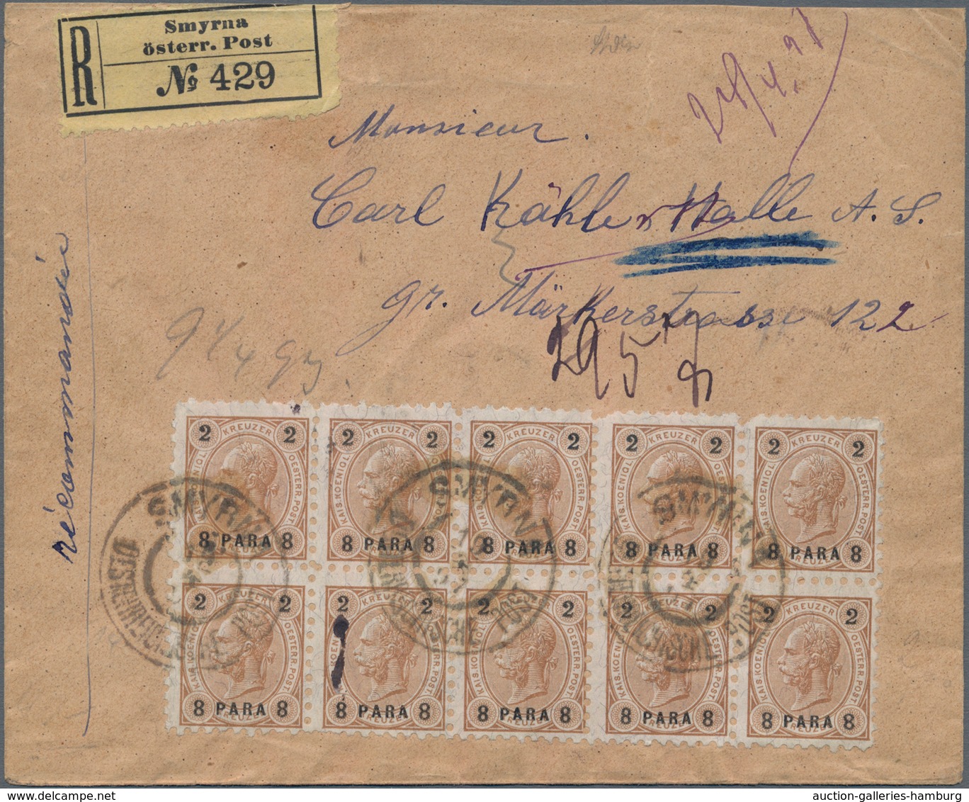 Österreichische Post In Der Levante: 1892, 8 Pa Auf 2 Kr Braun Schwarz, Gezähnt L 9 1/4, Im ZEHNERBL - Levante-Marken