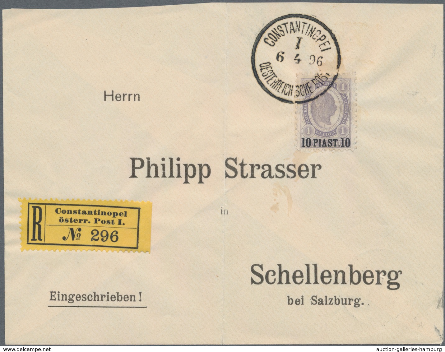 Österreichische Post In Der Levante: 1896, 10 Pia. Auf 1 G. Violettgrau Als Einzelfrankatur Auf Phil - Levant Autrichien