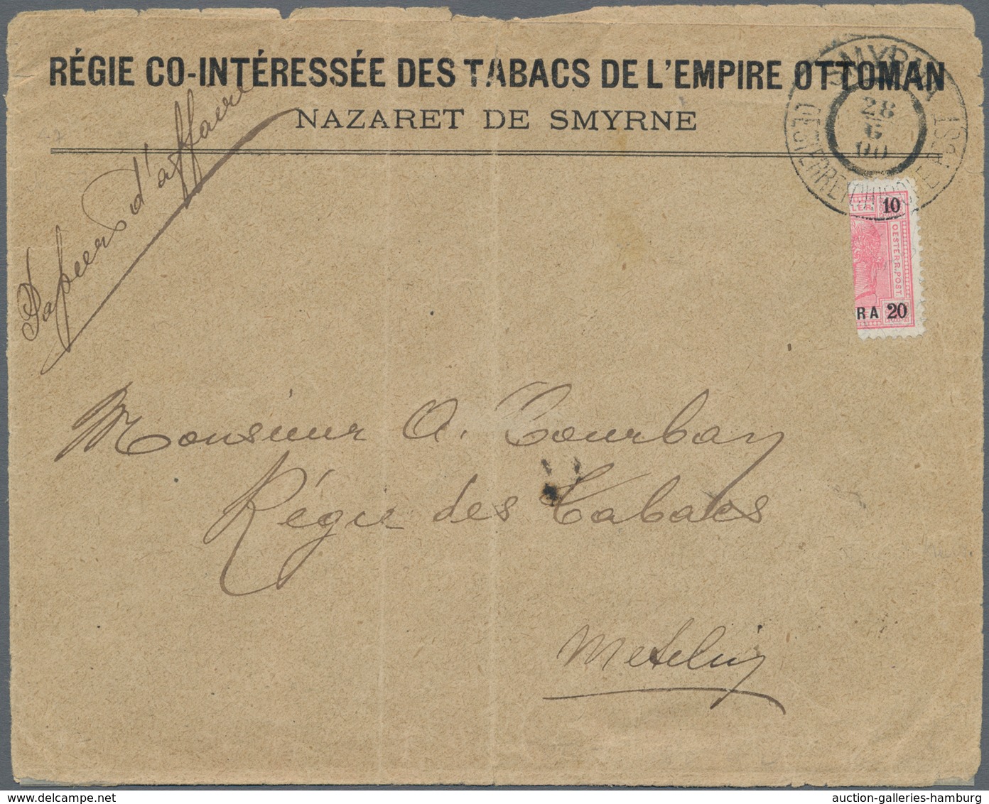 Österreichische Post In Der Levante: 1900, 20 Pa Auf 10 H Rosakarmin/schwarz Als Senkrechte HALBIERU - Oostenrijkse Levant