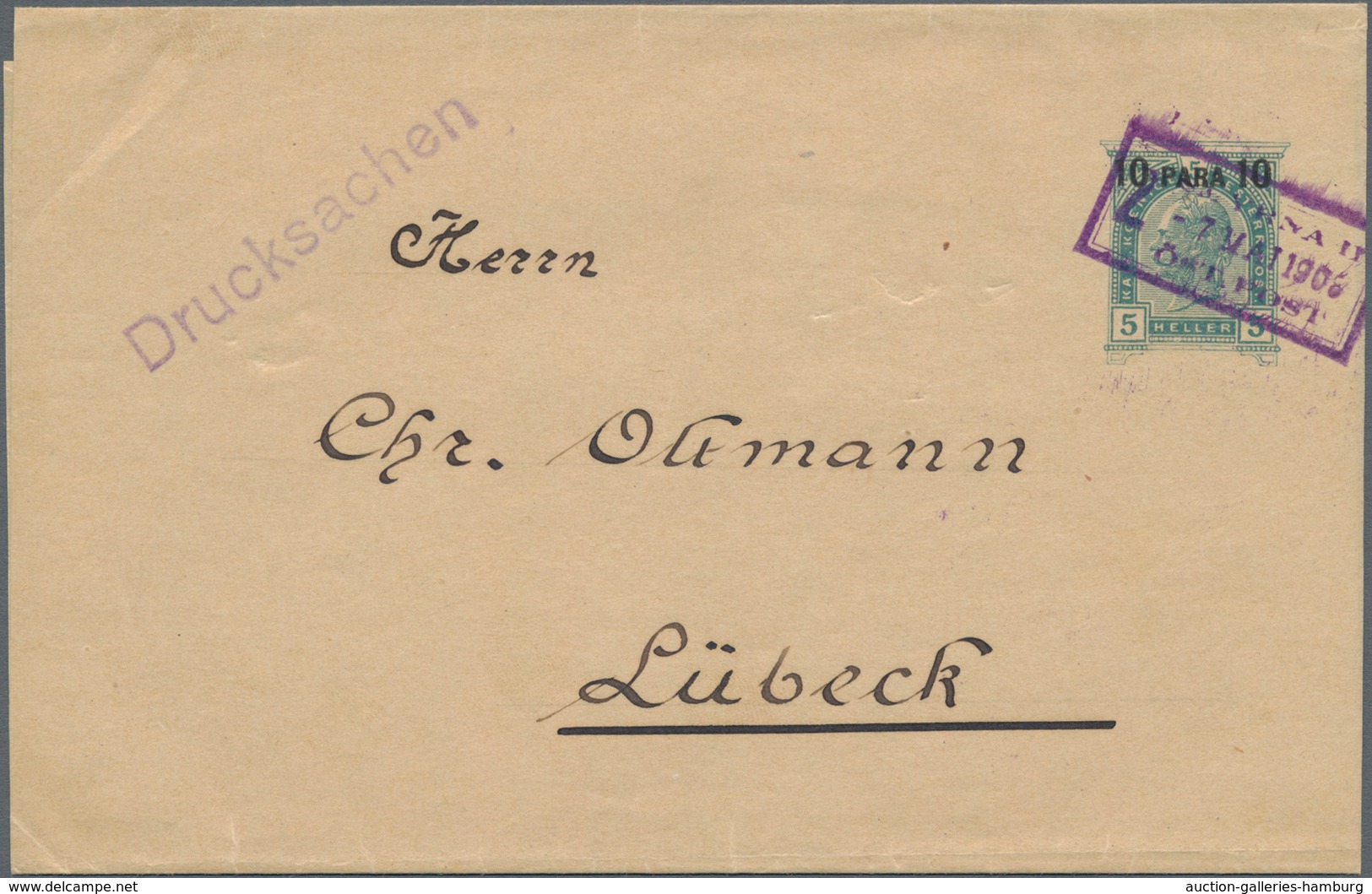 Österreichische Post In Der Levante: 1900, 10 Pa Auf 5 H Grün Ganzsachenstreifband Mit Violettem Rah - Levante-Marken
