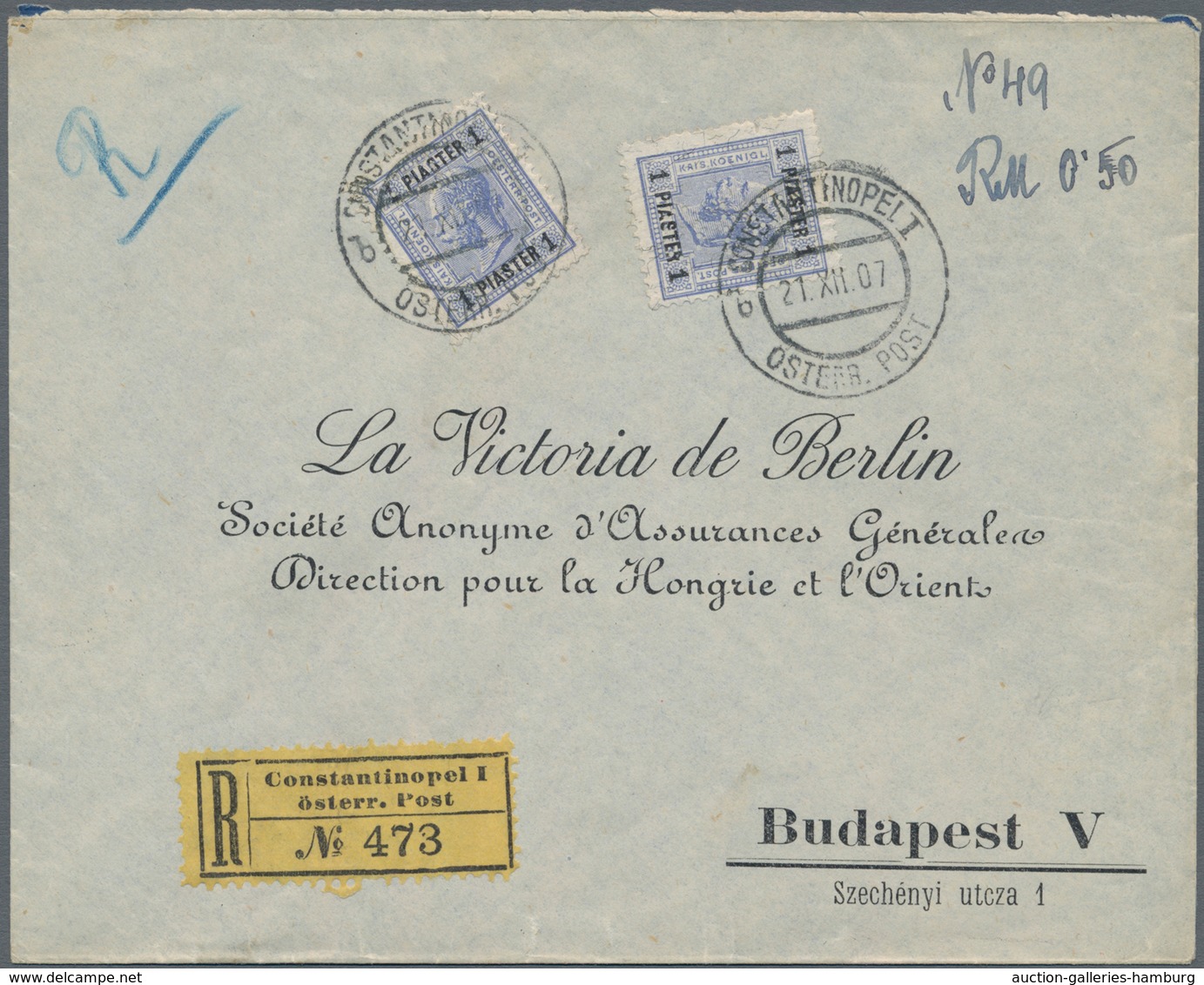 Österreichische Post In Der Levante: 1905, 2 X 1 Pia Ultramarin, Beide Marken Mit PERFIN "B I O" (Ba - Levante-Marken