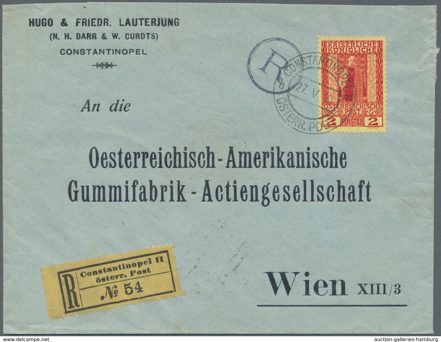 Österreichische Post In Der Levante: 1908, 2 Pia Rot Auf Gelb, Einzelfrankatur Auf Einschreibebrief - Oriente Austriaco