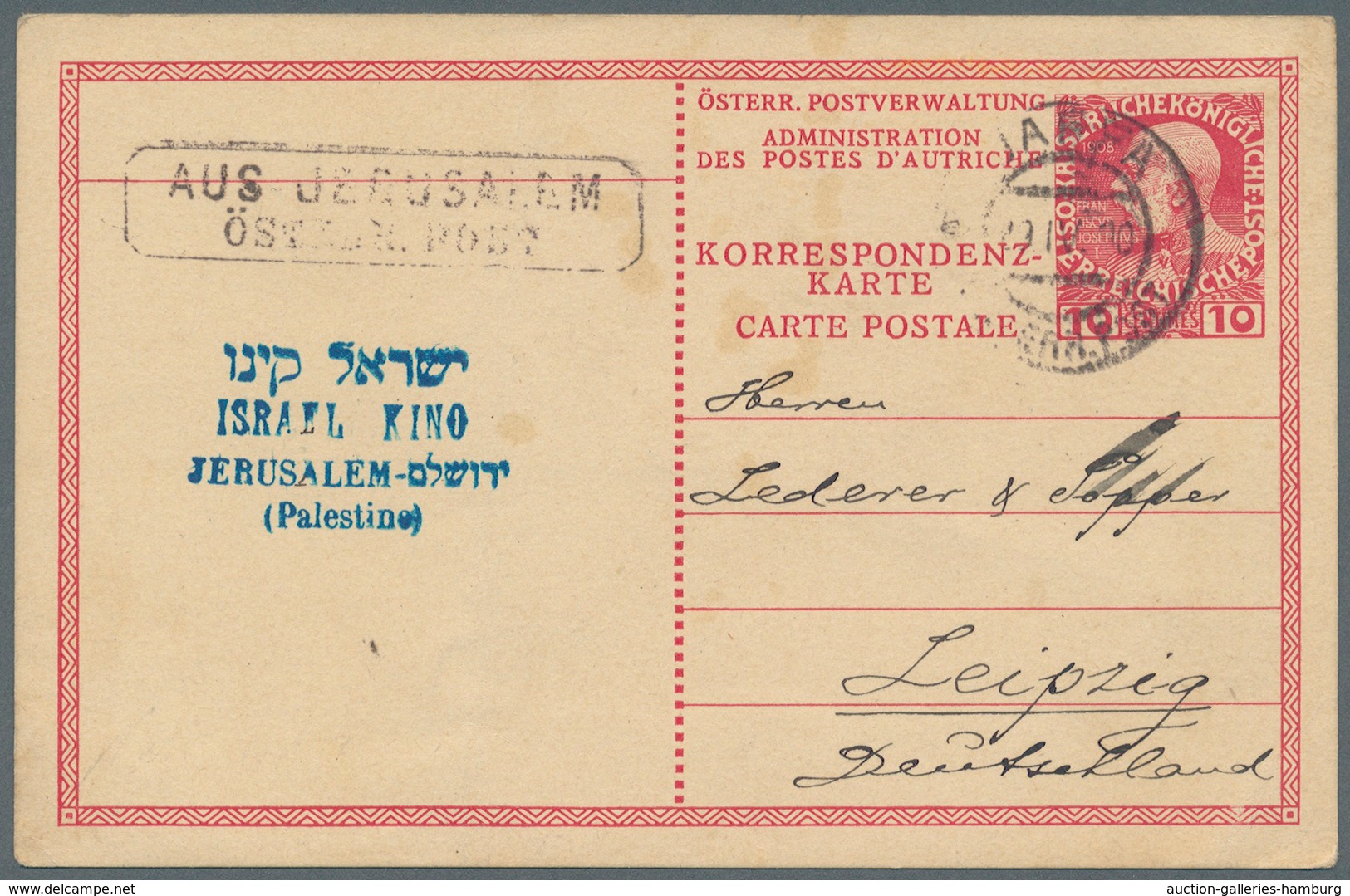 Österreichische Post In Der Levante: 1910, "AUS JERUSALEM/ÖSTERR. POST" Ra2 Auf 10 C Rot Ganzsachenk - Oriente Austriaco