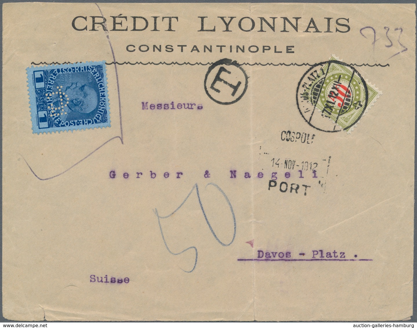 Österreichische Post In Der Levante: 1912, 1 Pia Dkl'blau A. Hellblau Mit Perfin "L C" (Crédtit Lyon - Oriente Austriaco