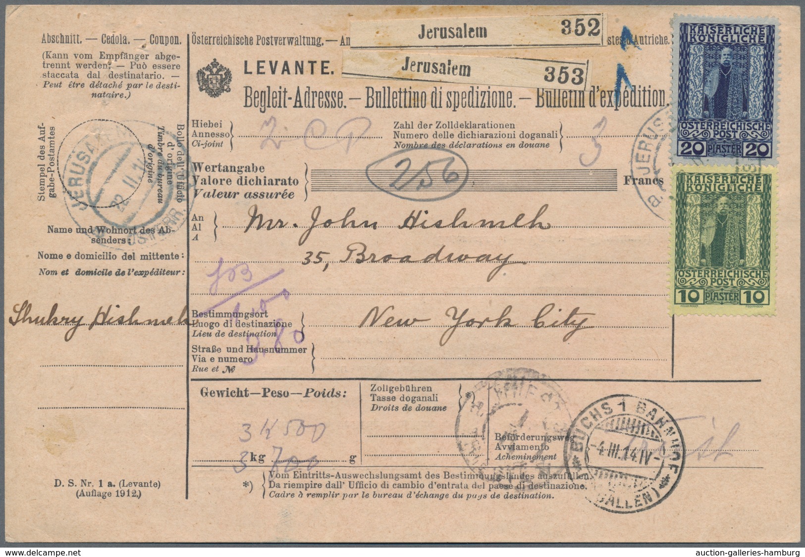 Österreichische Post In Der Levante: 1914, 10 Pia. Grün Auf Gelb Und 20 Pia. Blau Auf Grau, Die Beid - Oostenrijkse Levant