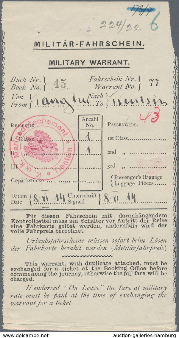 Österreich - Ungarische Post In China: 1914, MILITÄR-FAHRSCHEIN (Military Warrant), Zweisprachig (de - Other & Unclassified