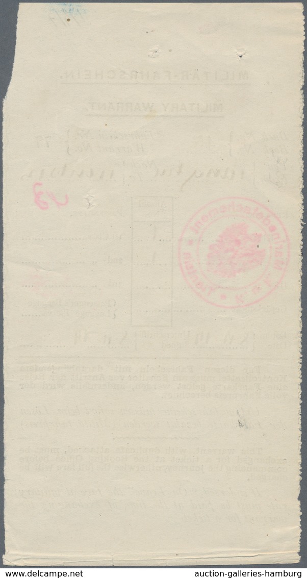 Österreich - Ungarische Post In China: 1914, MILITÄR-FAHRSCHEIN (Military Warrant), Zweisprachig (de - Otros & Sin Clasificación