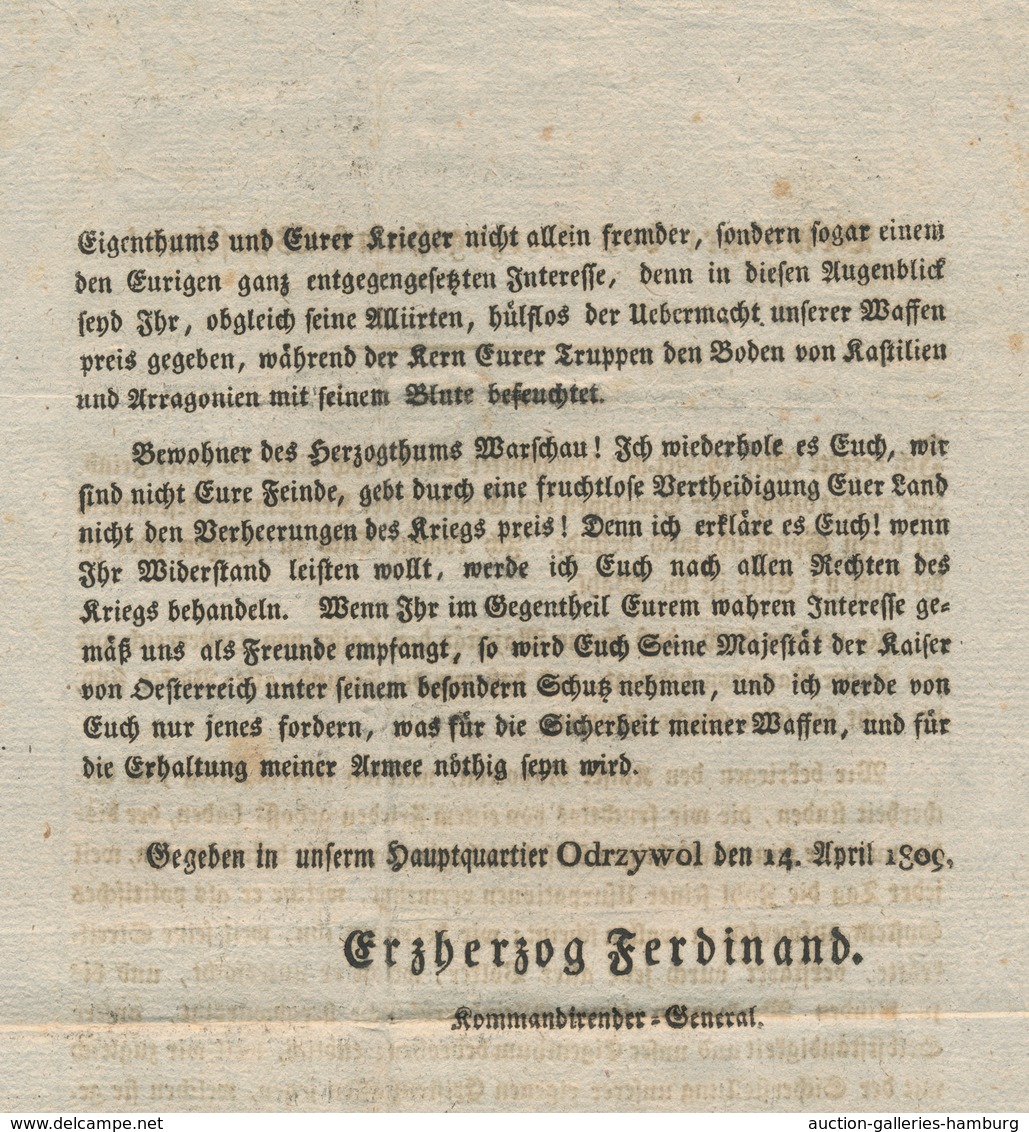 Österreich - Ostmark: 1809, Zweiseitiger Aufruf Des österreichischen Gererals Erzherzog Ferdinand Au - Sonstige & Ohne Zuordnung