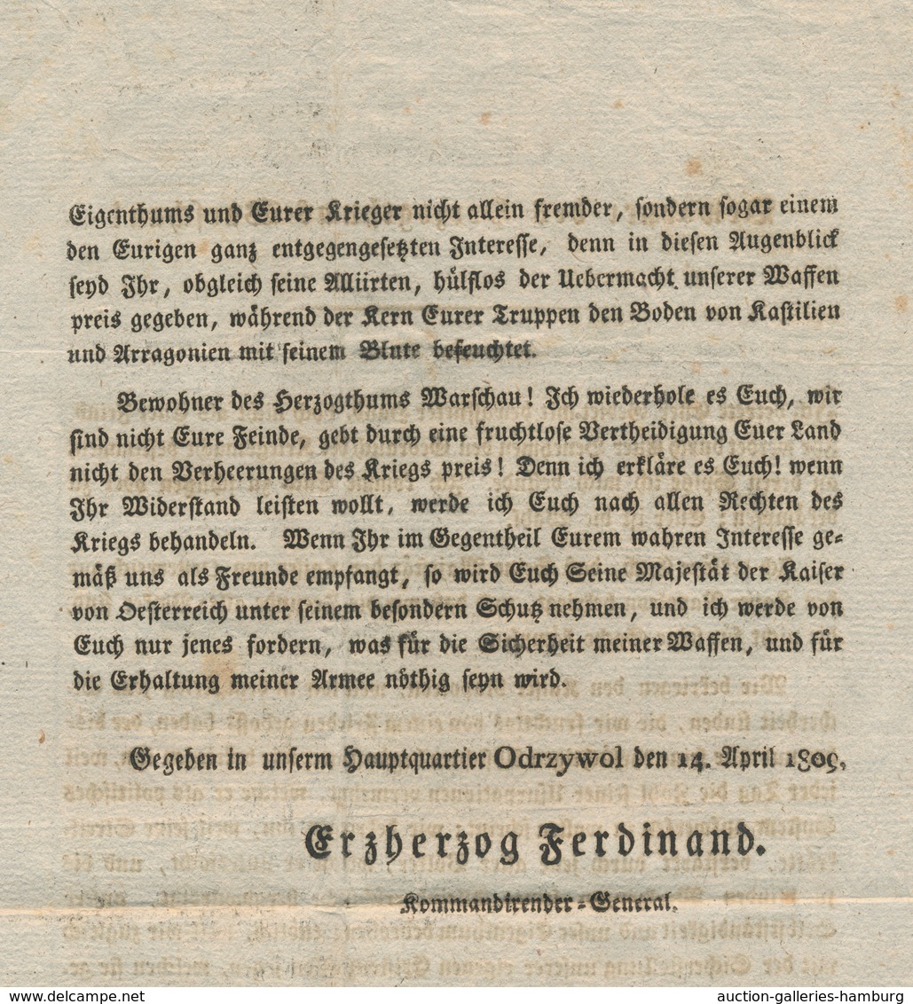 Österreich - Ostmark: 1809, Zweiseitiger Aufruf Des österreichischen Gererals Erzherzog Ferdinand Au - Autres & Non Classés