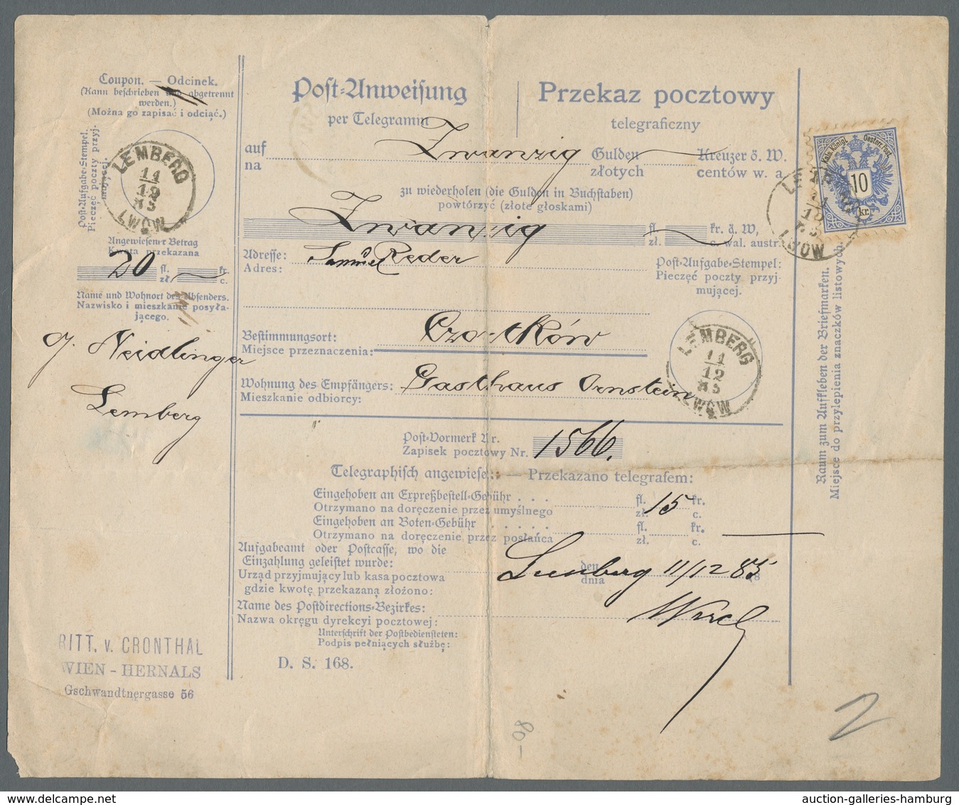 Österreich - Ostmark: 1885, Galizien: Adlerausgabe 10 Kreuzer Auf Seltener Postanweisung über 20 Gul - Other & Unclassified