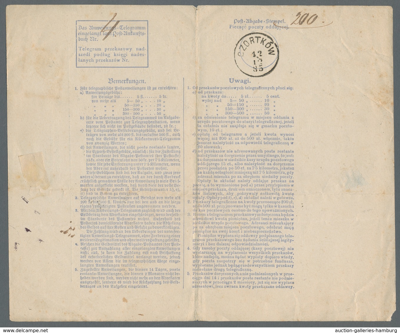 Österreich - Ostmark: 1885, Galizien: Adlerausgabe 10 Kreuzer Auf Seltener Postanweisung über 20 Gul - Andere & Zonder Classificatie