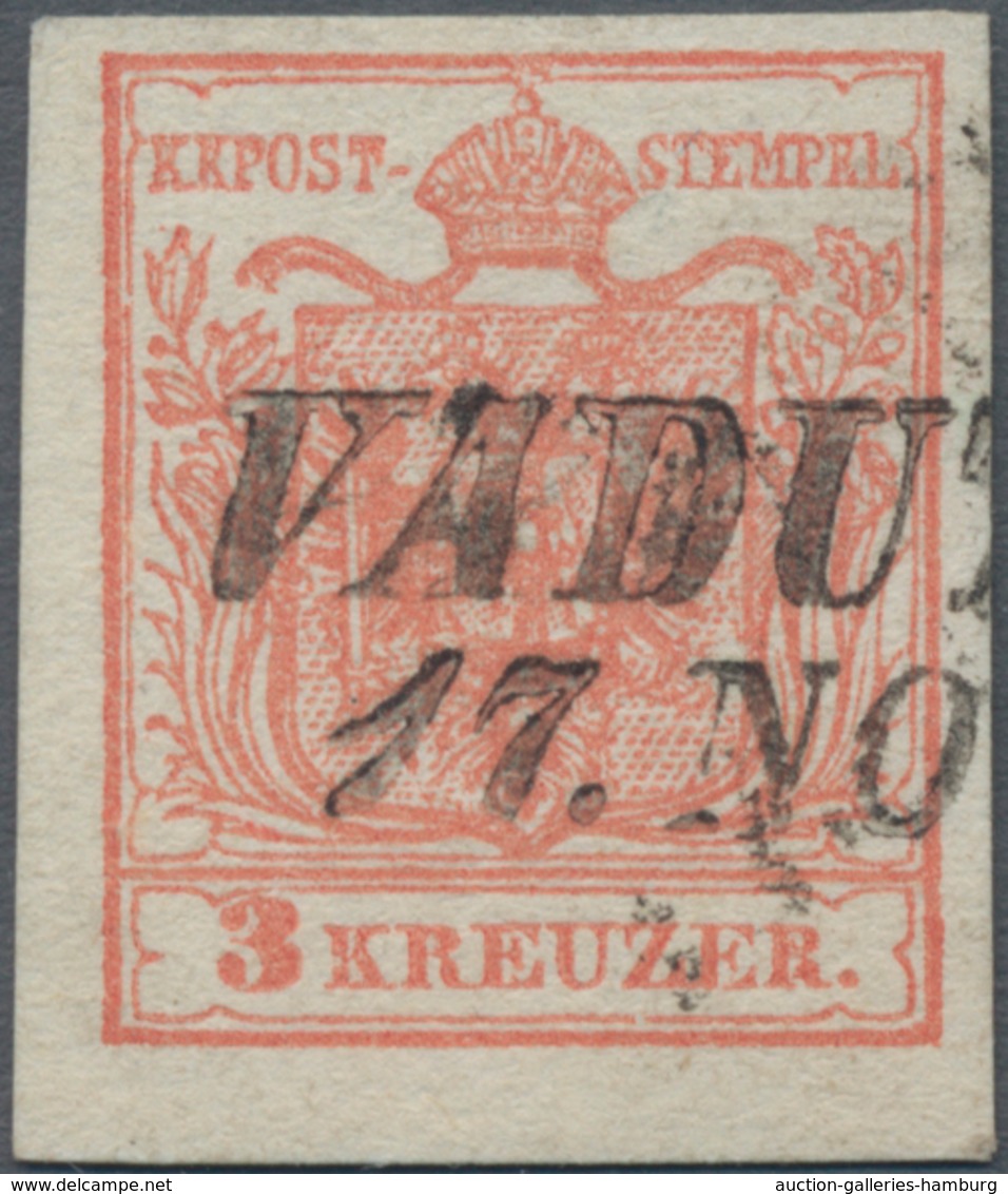 Österreich - Verwendung In Liechtenstein: 1854, 3 Kr. Rot Maschinenpapier Mit L2 VADU(TZ), Kab.stück - Otros & Sin Clasificación