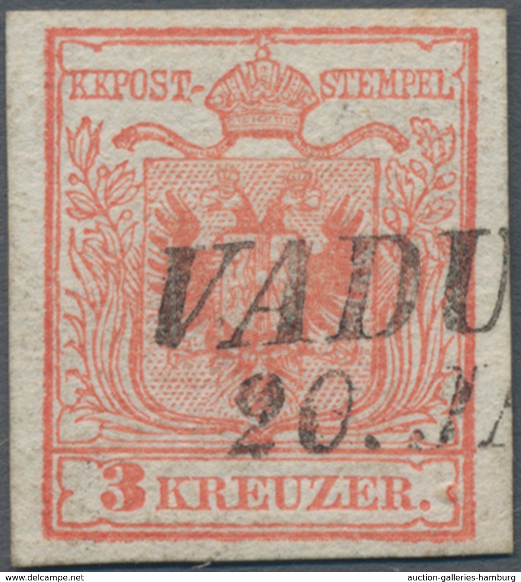 Österreich - Verwendung In Liechtenstein: 1850, 3 Kr. Rot Handpapier Mit L2 VADU(TZ), Kab.stück, Lt. - Otros & Sin Clasificación