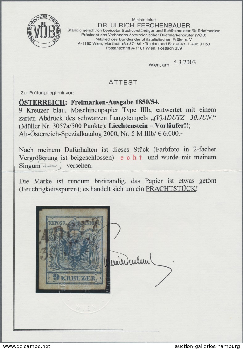 Österreich - Verwendung In Liechtenstein: 1854, 6 Kr. Blau Maschinenpapier Type III Mit L2 (V)ADUTZ, - Otros & Sin Clasificación