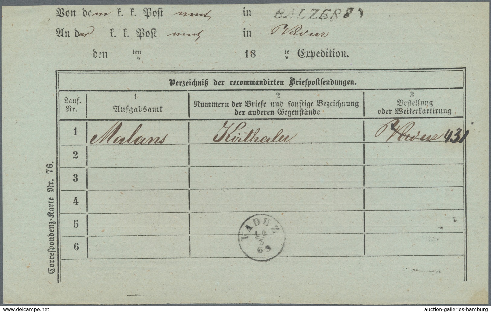 Österreich - Verwendung In Liechtenstein: 1869, Begleitschein Rekommandierter Briefe Von BALZERS Mit - Autres & Non Classés