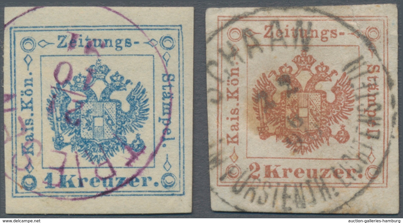 Österreich - Verwendung In Liechtenstein: 1877, Zeitungsstempelmarken 1 U. 2 Kr. Kl. Krone Gr. Wappe - Otros & Sin Clasificación