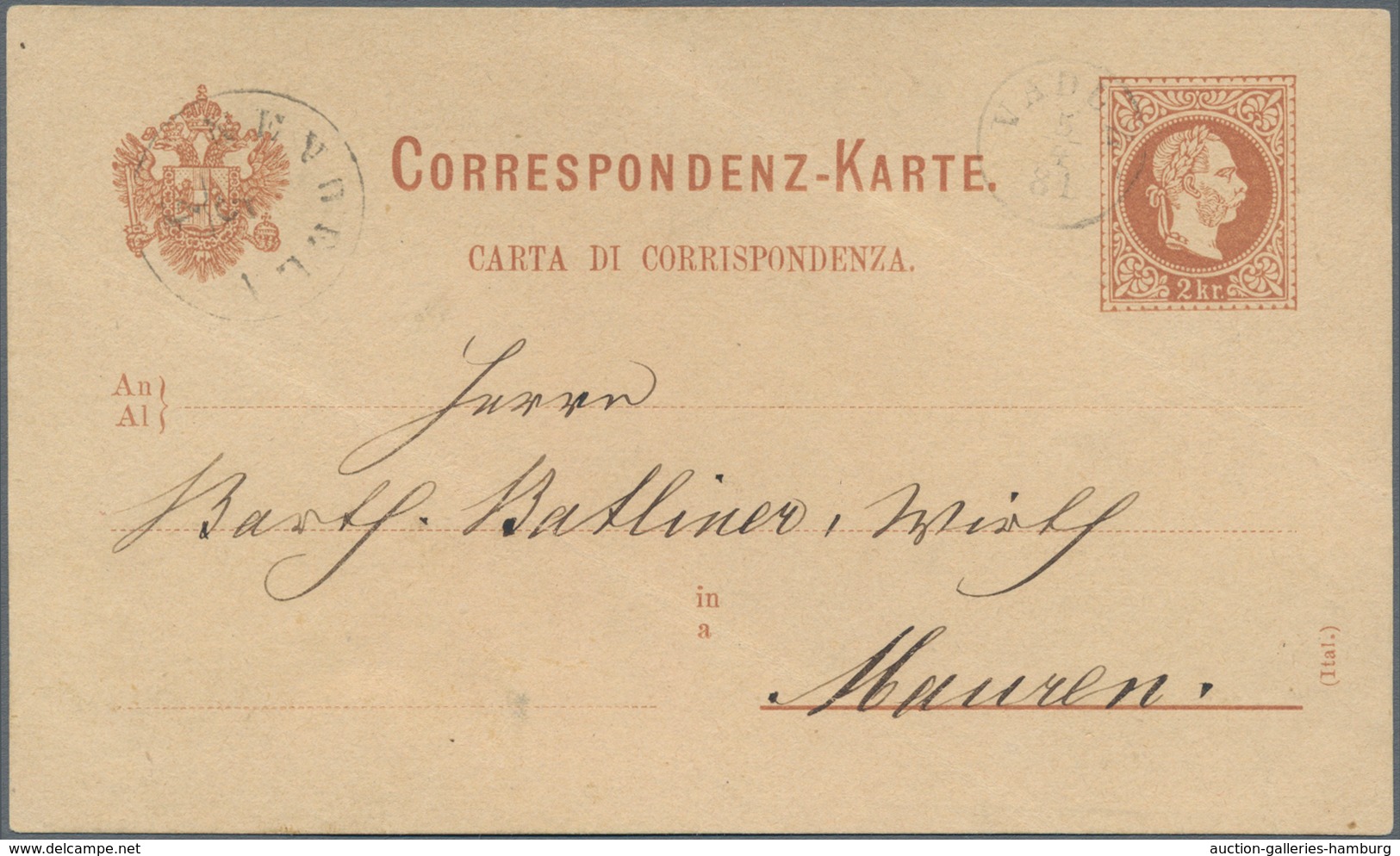 Österreich - Verwendung In Liechtenstein: 1878, Ganzsachen-Postkarte 2 Kr. Kaiserkopf Rotbraun,dt.-i - Autres & Non Classés