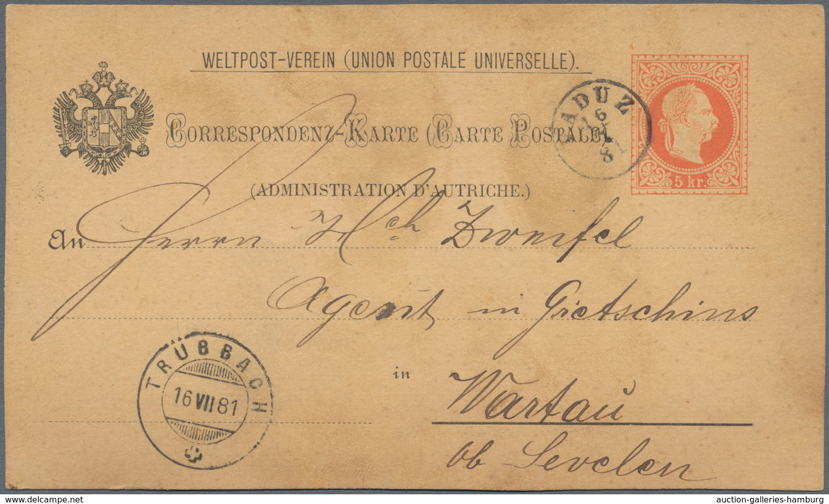 Österreich - Verwendung In Liechtenstein: 1880, Ganzsachen-Weltpostvereinkarte 5 Kr. Kaiserkopf Rot, - Otros & Sin Clasificación