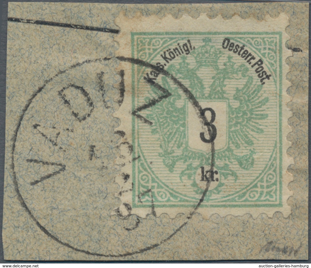 Österreich - Verwendung In Liechtenstein: 1883, 3 Kr. Doppeladler Grün, Pra.briefstück, Lt. FA Rupp - Andere & Zonder Classificatie