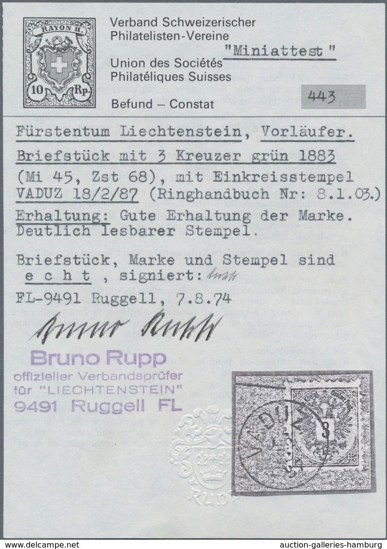 Österreich - Verwendung In Liechtenstein: 1883, 3 Kr. Doppeladler Grün, Pra.briefstück, Lt. FA Rupp - Andere & Zonder Classificatie